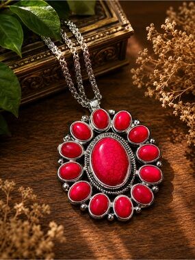 🌺 Red Howlite Stone Burst Statement Necklace • Bold Southwestern Style Pendant